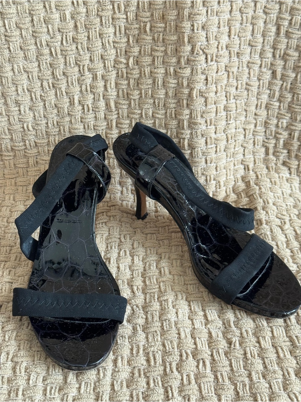 Donald J. Pliner Black Patent Croc-Embossed Strappy Heels